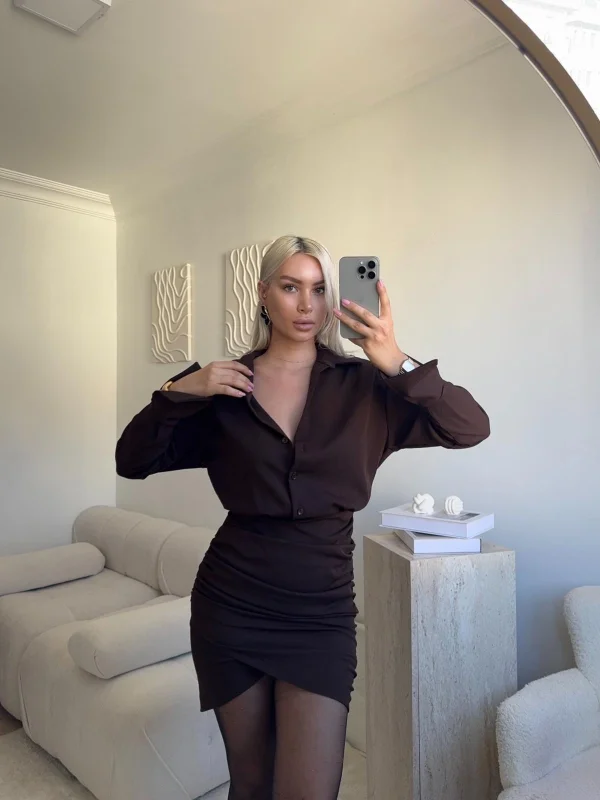 Double Gömlek Elbise - KAHVE