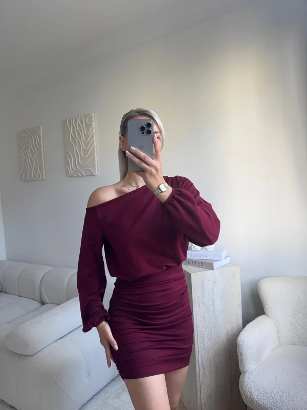 Drapeli Büzgülü Basic Elbise - BORDO