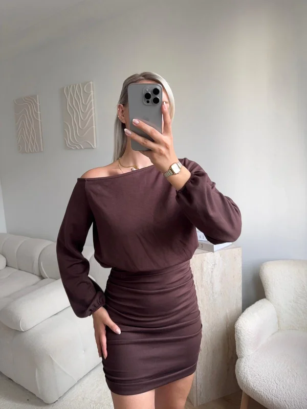 Drapeli Büzgülü Basic Elbise - KAHVE