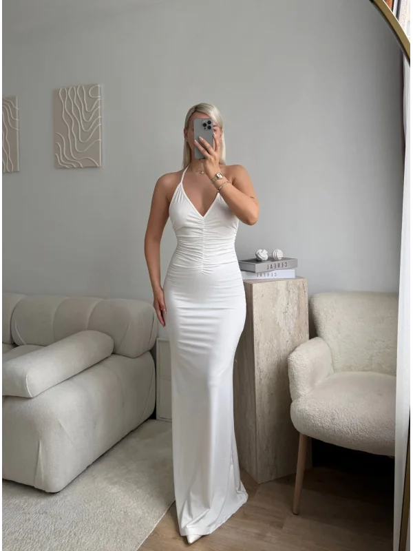 Drapeli Halter Yaka Uzun Elbise - BEYAZ