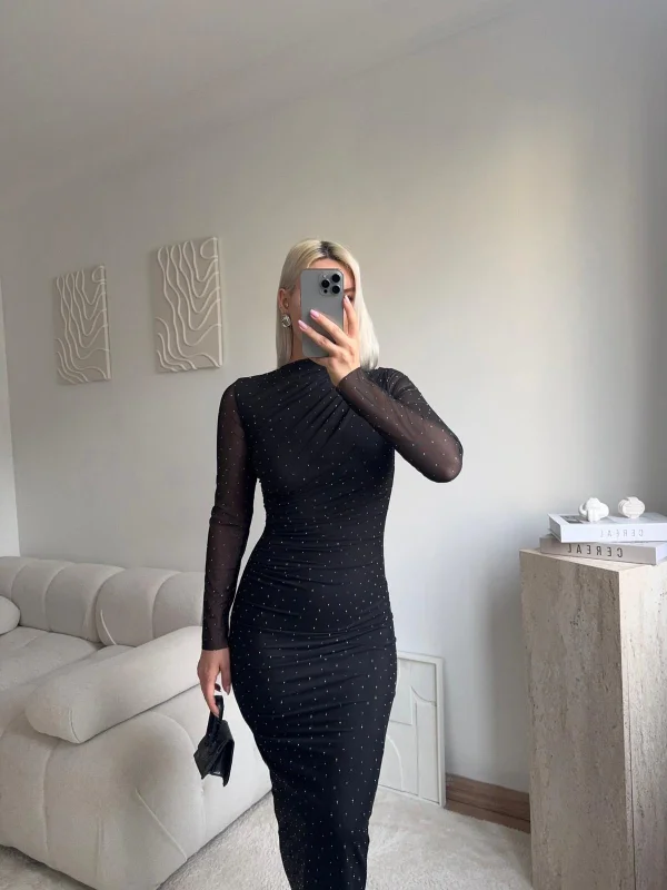 Drapeli Taşlı Tül Elbise - SİYAH