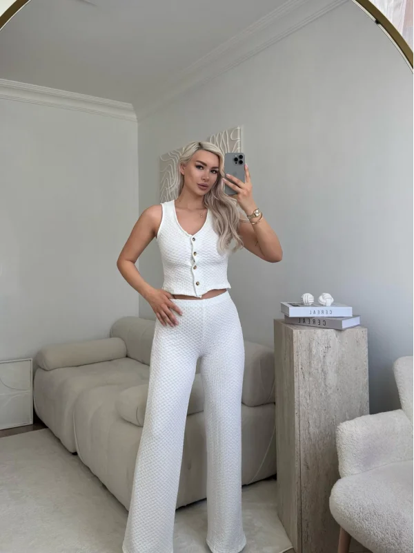 Düğmeli Yelek & Pantolon Takım - BEYAZ