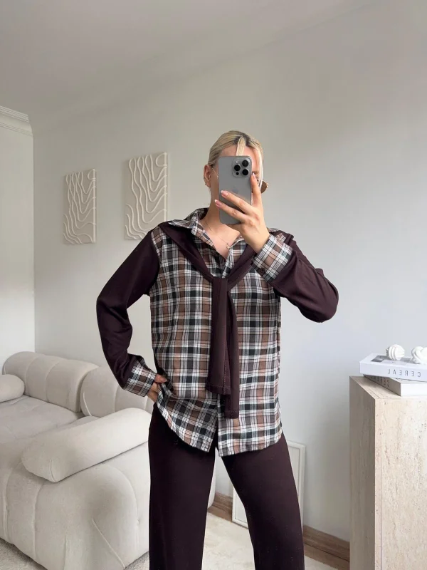 Ekose Gömlekli Bağlamalı Takım - KAHVE