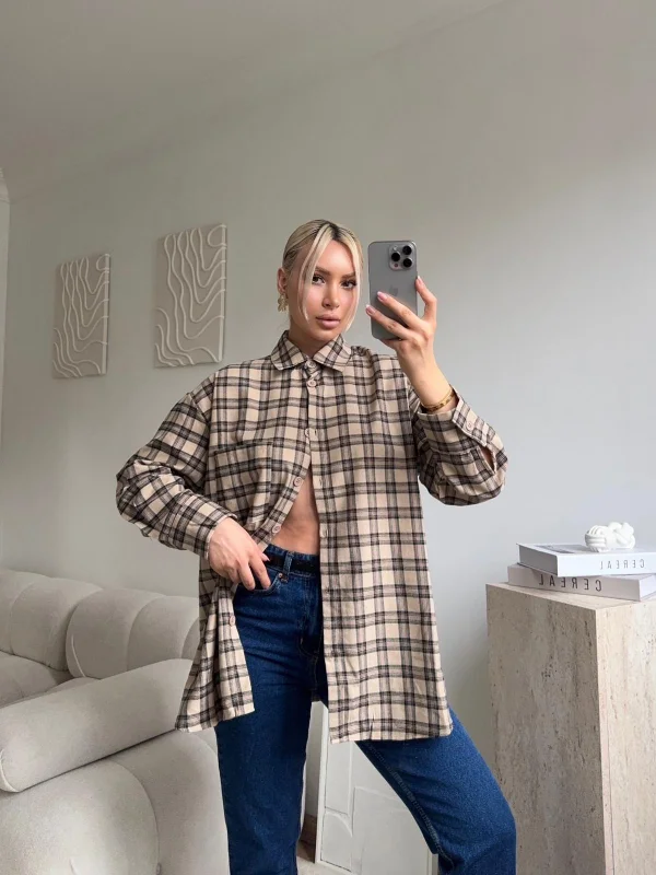 Ekose Oversize Gömlek Ceket - BEJ