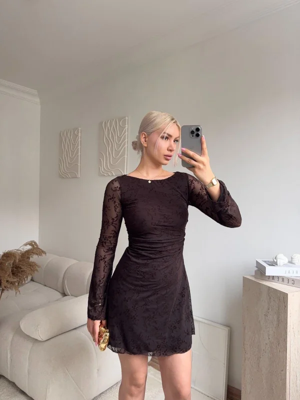Elegance Dantel Elbise - KAHVE