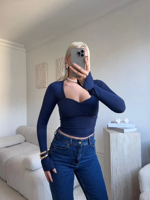 Elegant Kare Yaka Bluz - LACİVERT