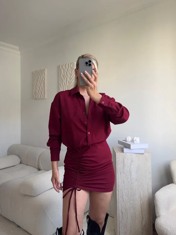 Eteği Büzgülü Gömlek Elbise - BORDO