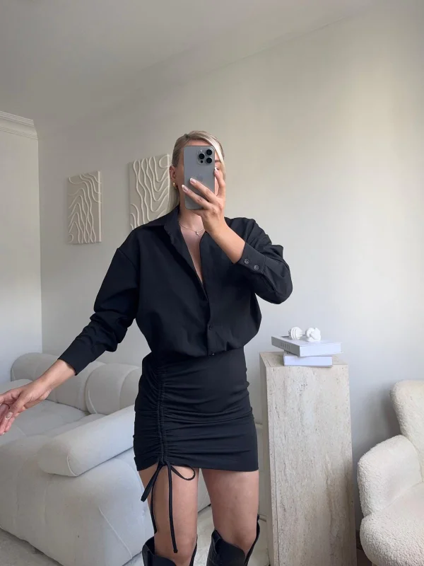 Eteği Büzgülü Gömlek Elbise - SİYAH