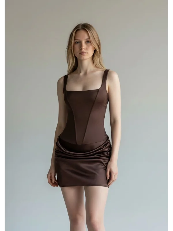 Eteği Drape Bodysuit Elbise - KAHVE