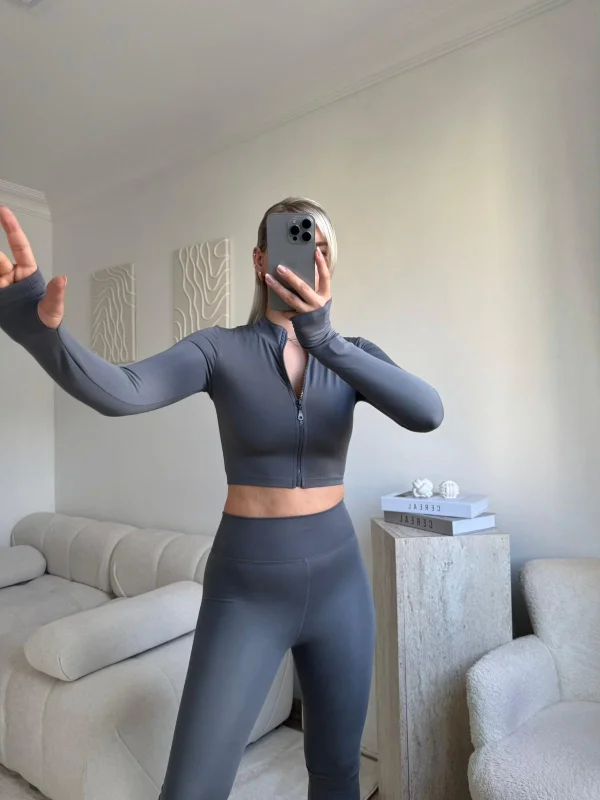 Fermuar Crop & Taytlı İkili Takım - GRİ