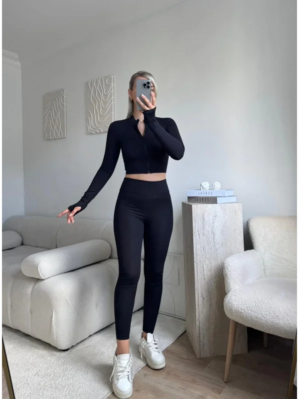 Fermuar Crop & Taytlı İkili Takım - SİYAH