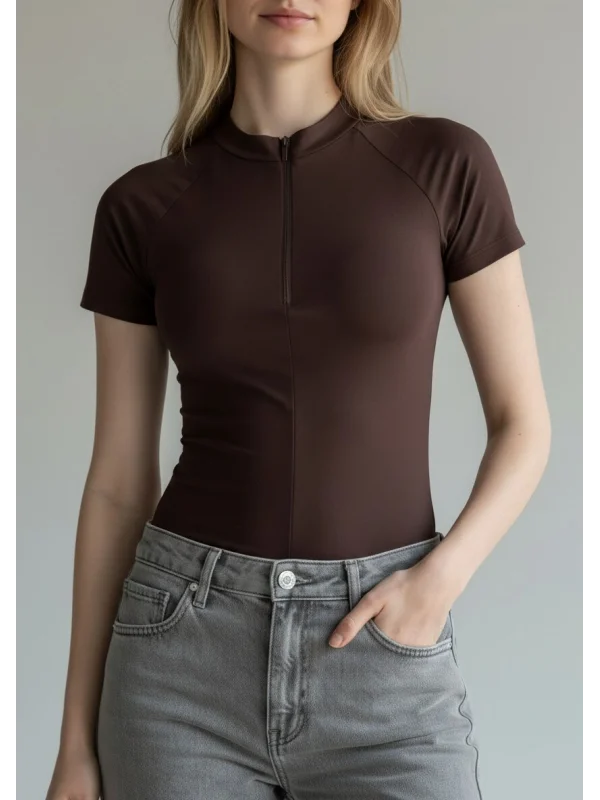 Fermuar Detay Bodysuit - KAHVE