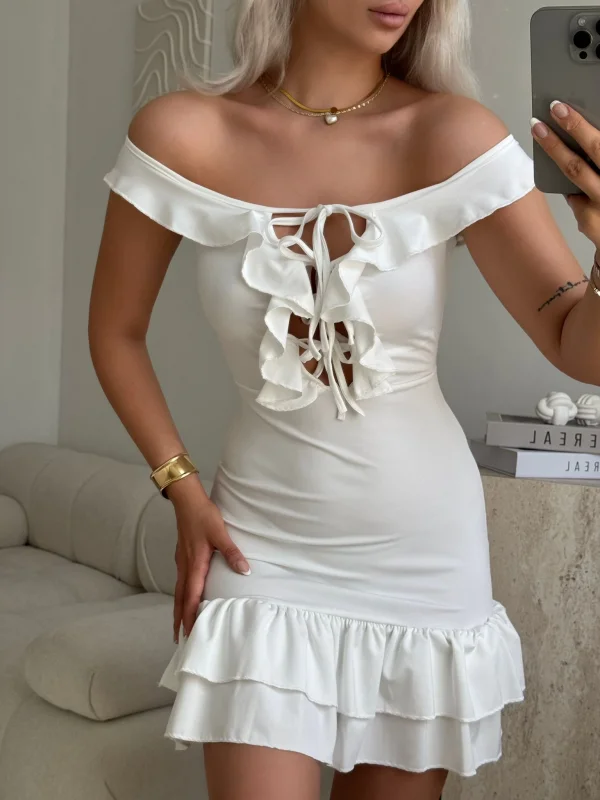 Fırfırlı Madonna Yaka Elbise - BEYAZ