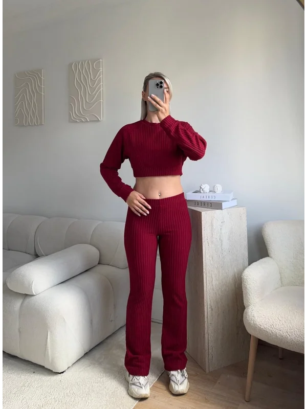 Fitilli Crop & Pantolon Takım - BORDO