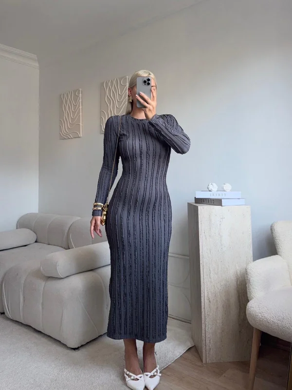 Fitilli Ters Dikiş Yırtmaç Elbise - GRİ