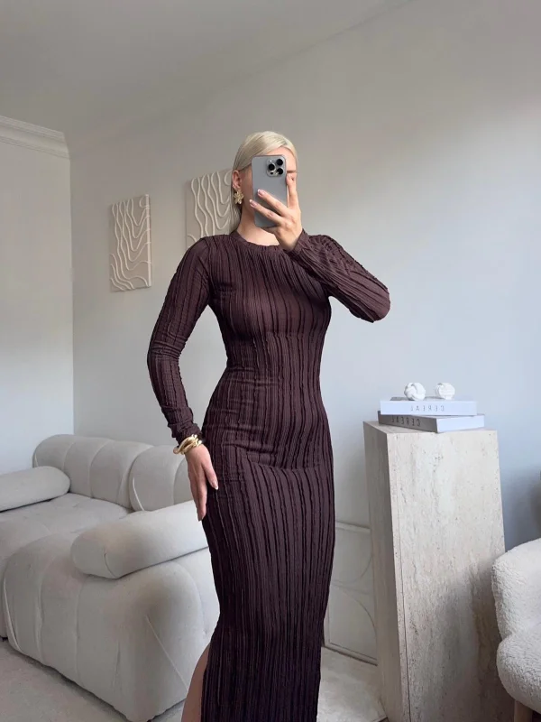 Fitilli Ters Dikiş Yırtmaç Elbise - KAHVE