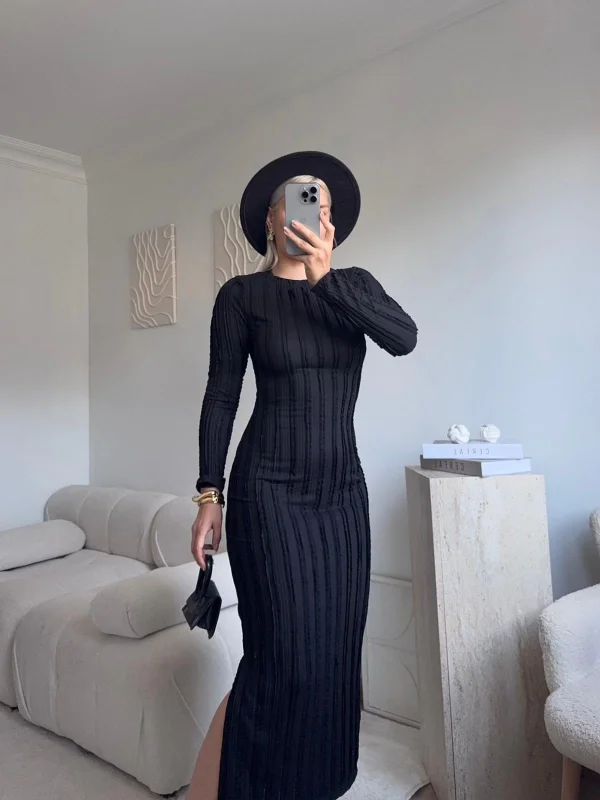 Fitilli Ters Dikiş Yırtmaç Elbise - SİYAH