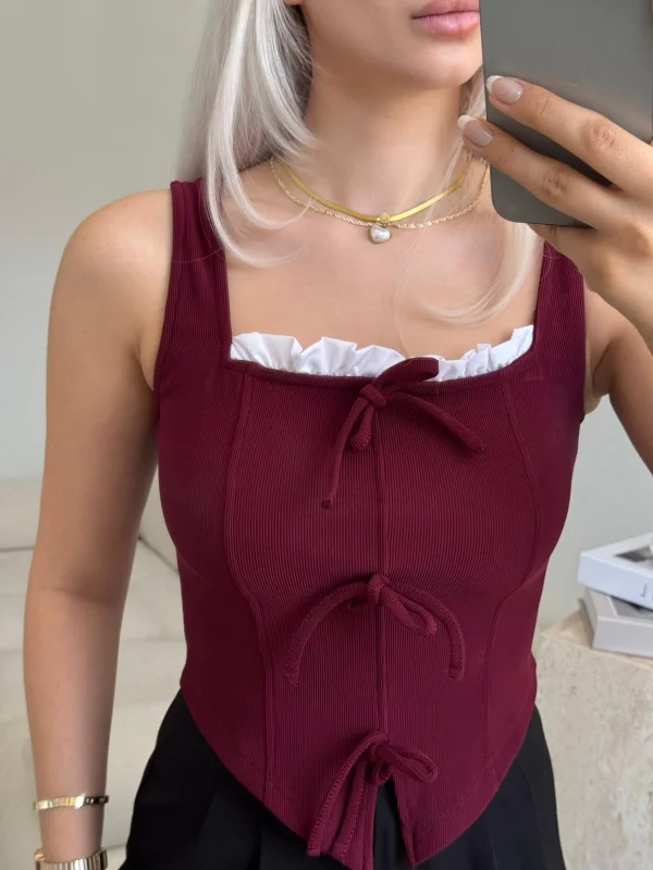 Fiyonklu Garnili Bluz - BORDO