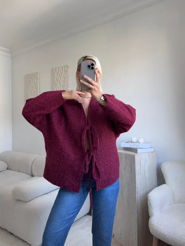 Fiyonklu Kırçıllı Ceket - BORDO