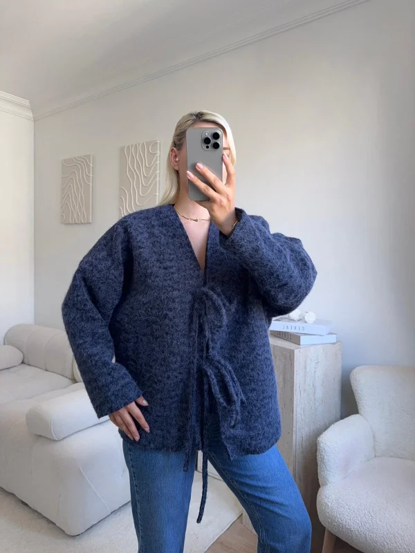 Fiyonklu Kırçıllı Ceket - LACİVERT