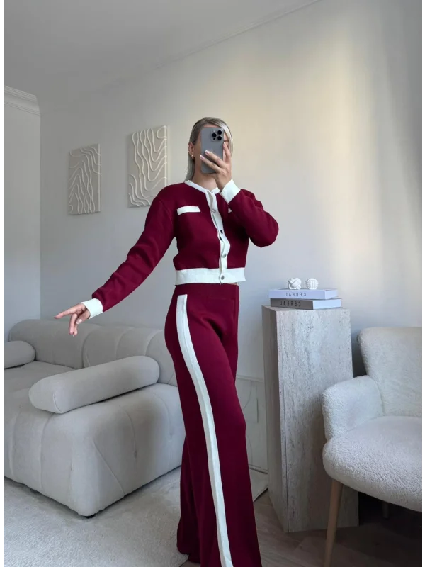Garnili Bomber Crop & Pantolon Takım - BORDO