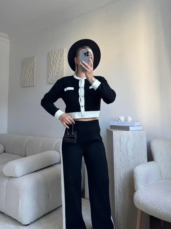 Garnili Bomber Crop & Pantolon Takım - SİYAH