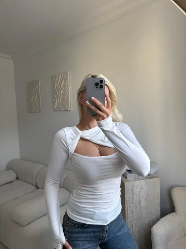 Göğüs Pencere Kruvaze Bluz - BEYAZ