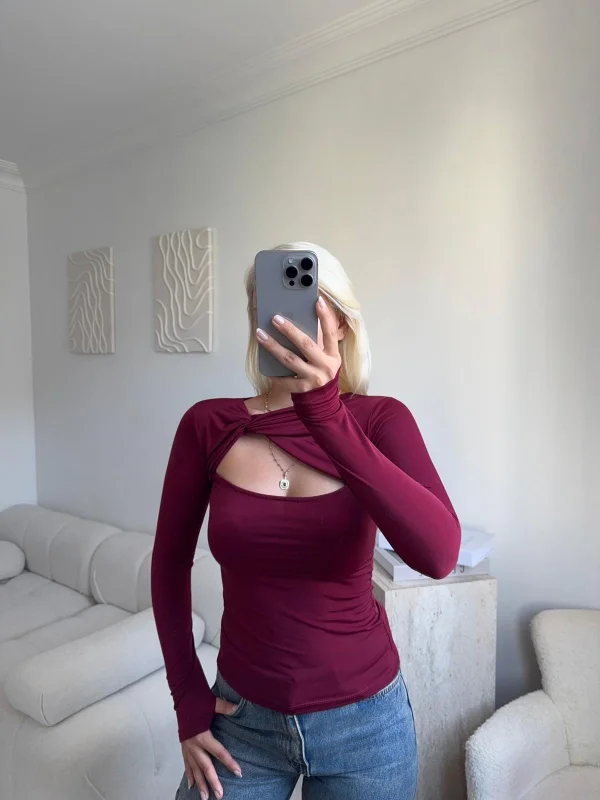 Göğüs Pencere Kruvaze Bluz - BORDO