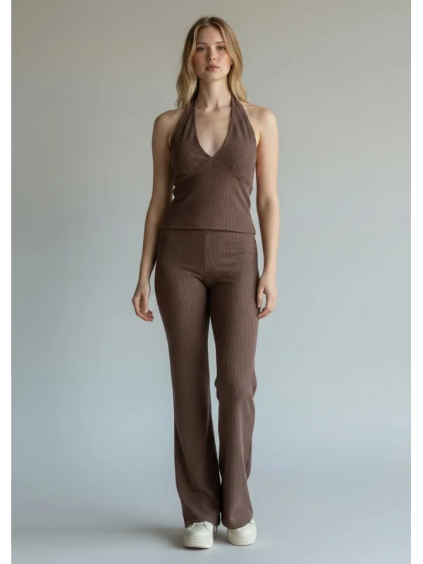 Halter Crop Pantolon Takım - KAHVE