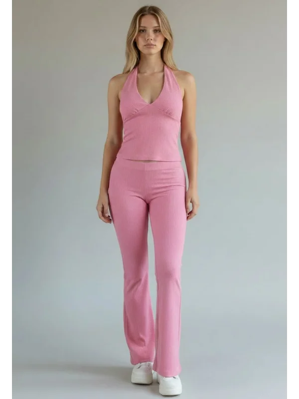 Halter Crop Pantolon Takım - PEMBE