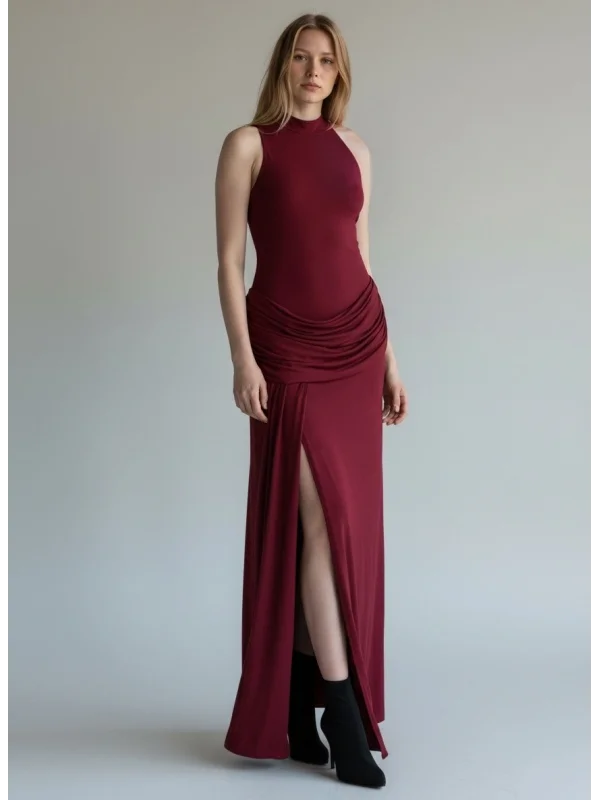 Halter Yaka Bel Drape Yırtmaçlı Elbise - BORDO