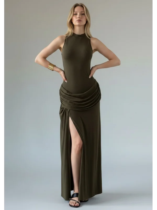 Halter Yaka Bel Drape Yırtmaçlı Elbise - HAKİ