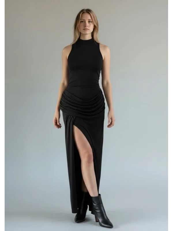 Halter Yaka Bel Drape Yırtmaçlı Elbise - SİYAH