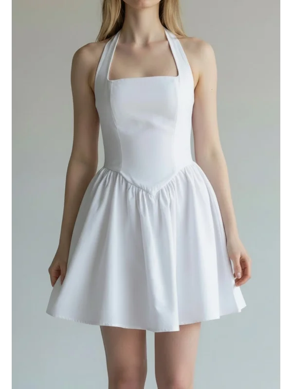 Halter Yaka Prenses Elbise - BEYAZ