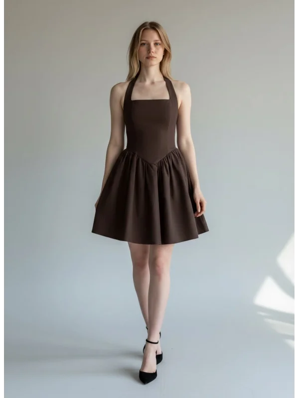 Halter Yaka Prenses Elbise - KAHVE