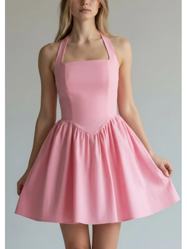 Halter Yaka Prenses Elbise - PEMBE