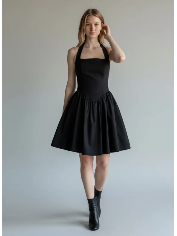 Halter Yaka Prenses Elbise - SİYAH