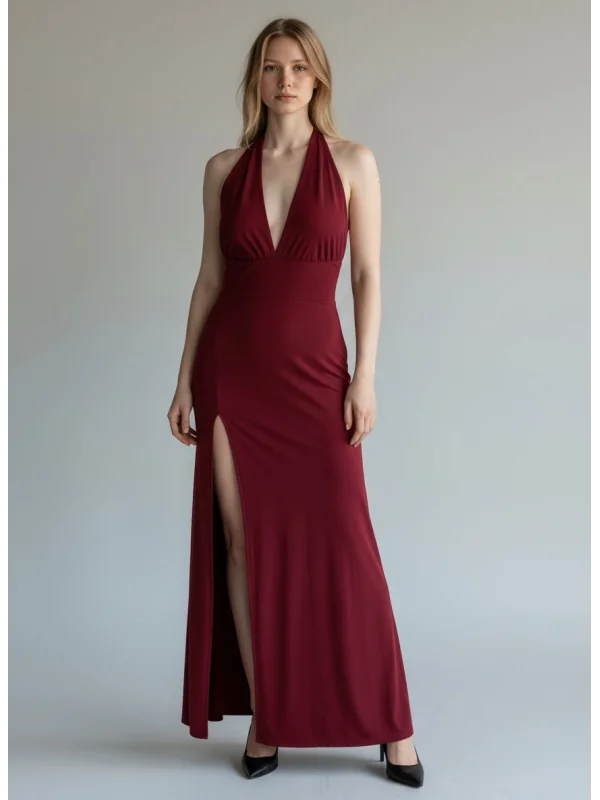 Halter Yaka Sırt Bağlamalı Yırtmaçlı Maxi Elbise - BORDO