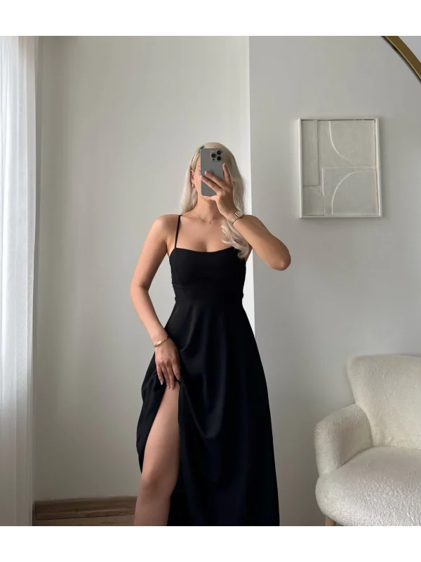 İp Askılı Volanlı Prenses Elbise - SİYAH