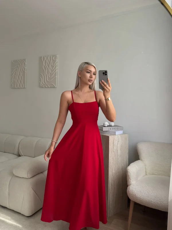 İp Askılı Volanlı Prenses Elbise - KIRMIZI