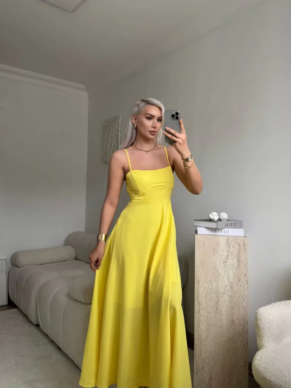 İp Askılı Volanlı Prenses Elbise - SARI