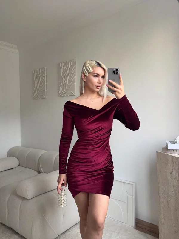 Kadife Madonna Elbise - BORDO