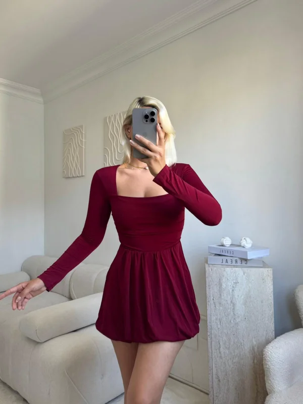 Kare Yaka Balon Etek Elbise - BORDO