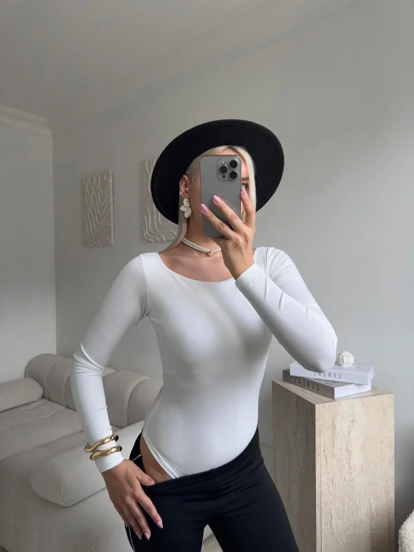Kayık Yaka Bodysuit - BEYAZ