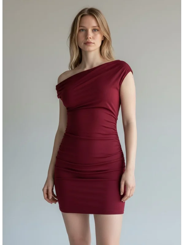 Kayık Yaka Elbise - BORDO