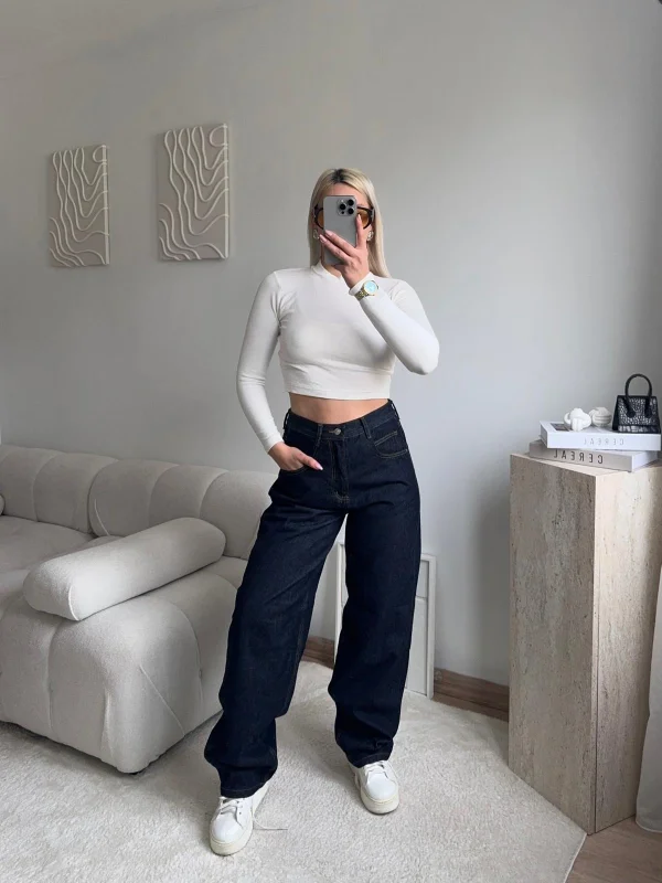 Kemer Tokalı Baggy Jean - KOYU MAVİ