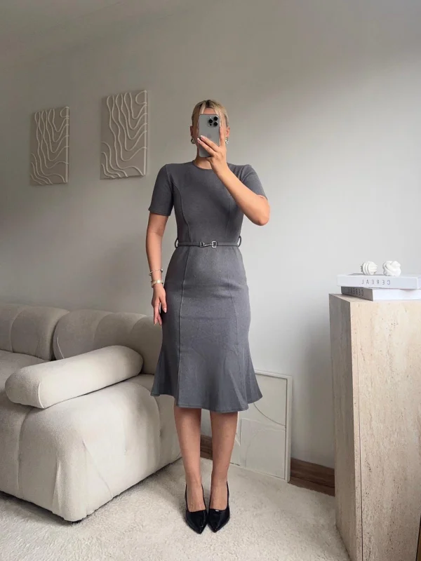 Kemerli Midi Triko Elbise - GRİ