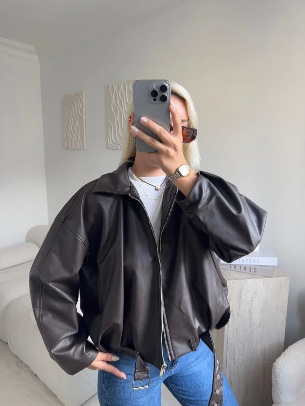 Kemerli Oversize Deri Ceket - ACI KAHVE