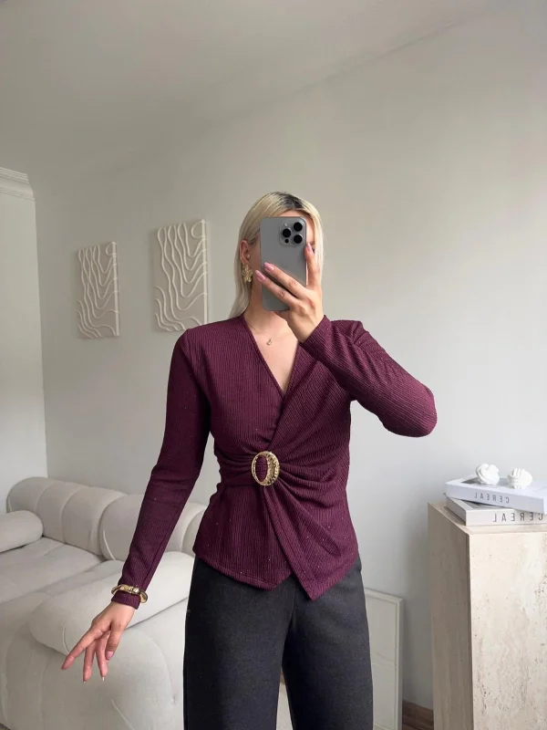 Kruvaze Aksesuarlı Taşlı Bluz - BORDO