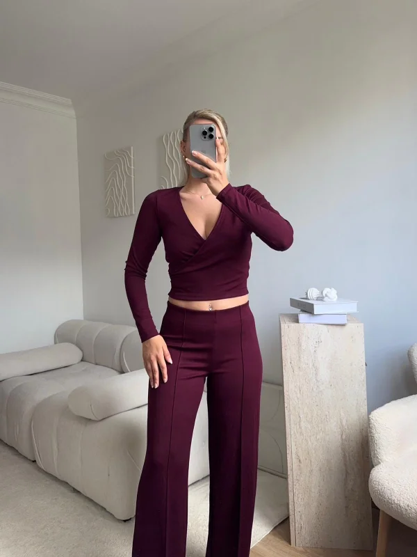 Kruvaze Bağlamalı Crop & Pantolon Takım - BORDO